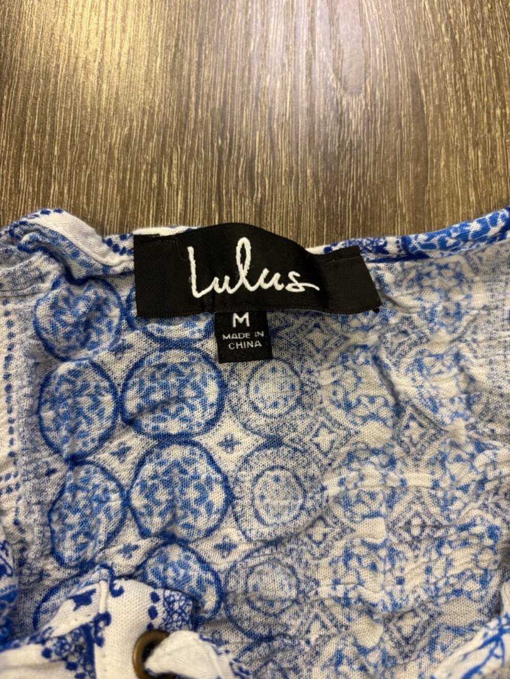 Lulus Cache Creek Blue & White Print Lace-Up Tiered Boho Swing Mini Dress M - Picture 3 of 4